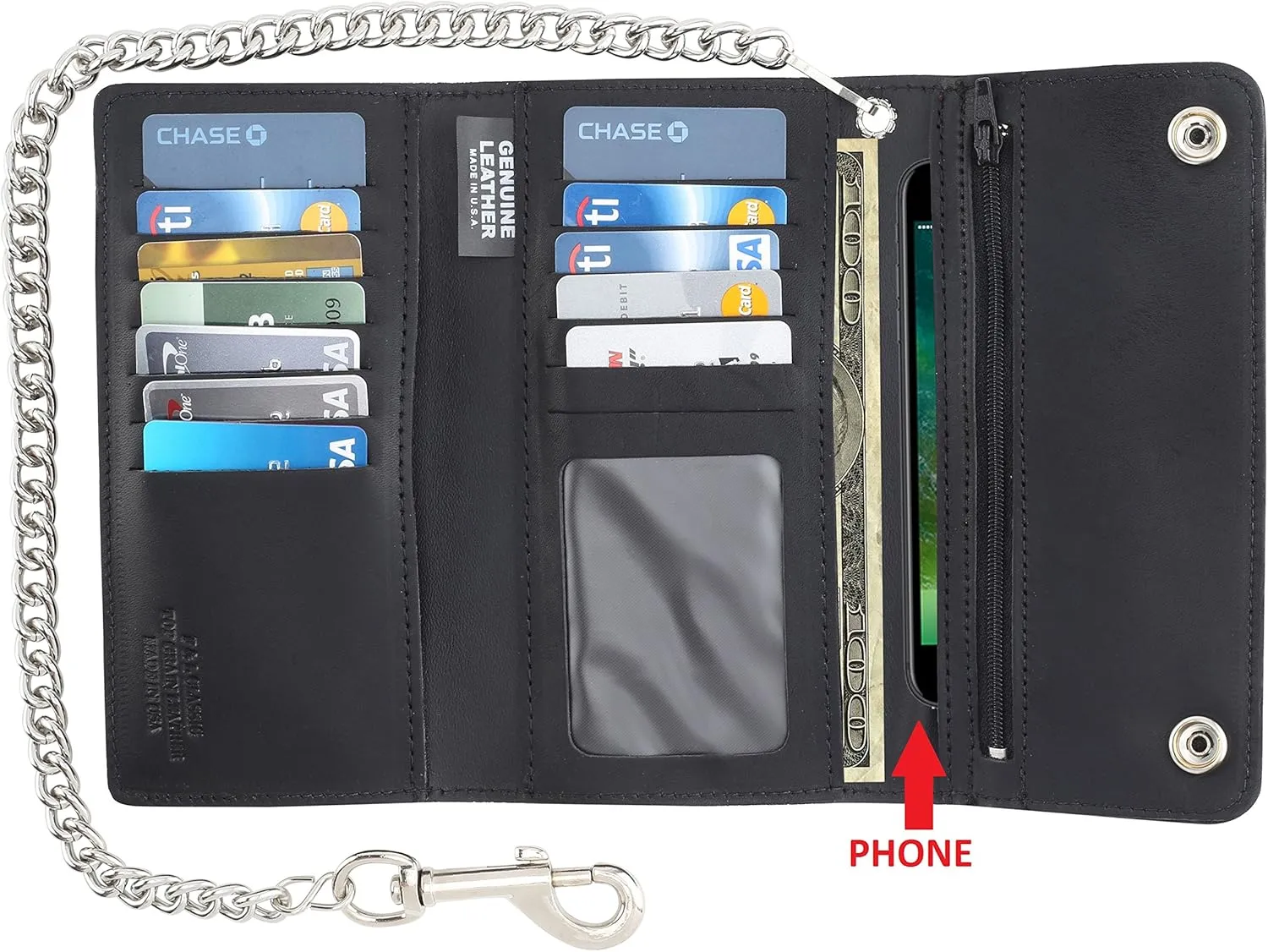 RFID Blocking Men's Tri-fold Vintage Long Style cow Leather With Chain card holder Wallet,MADE IN USA