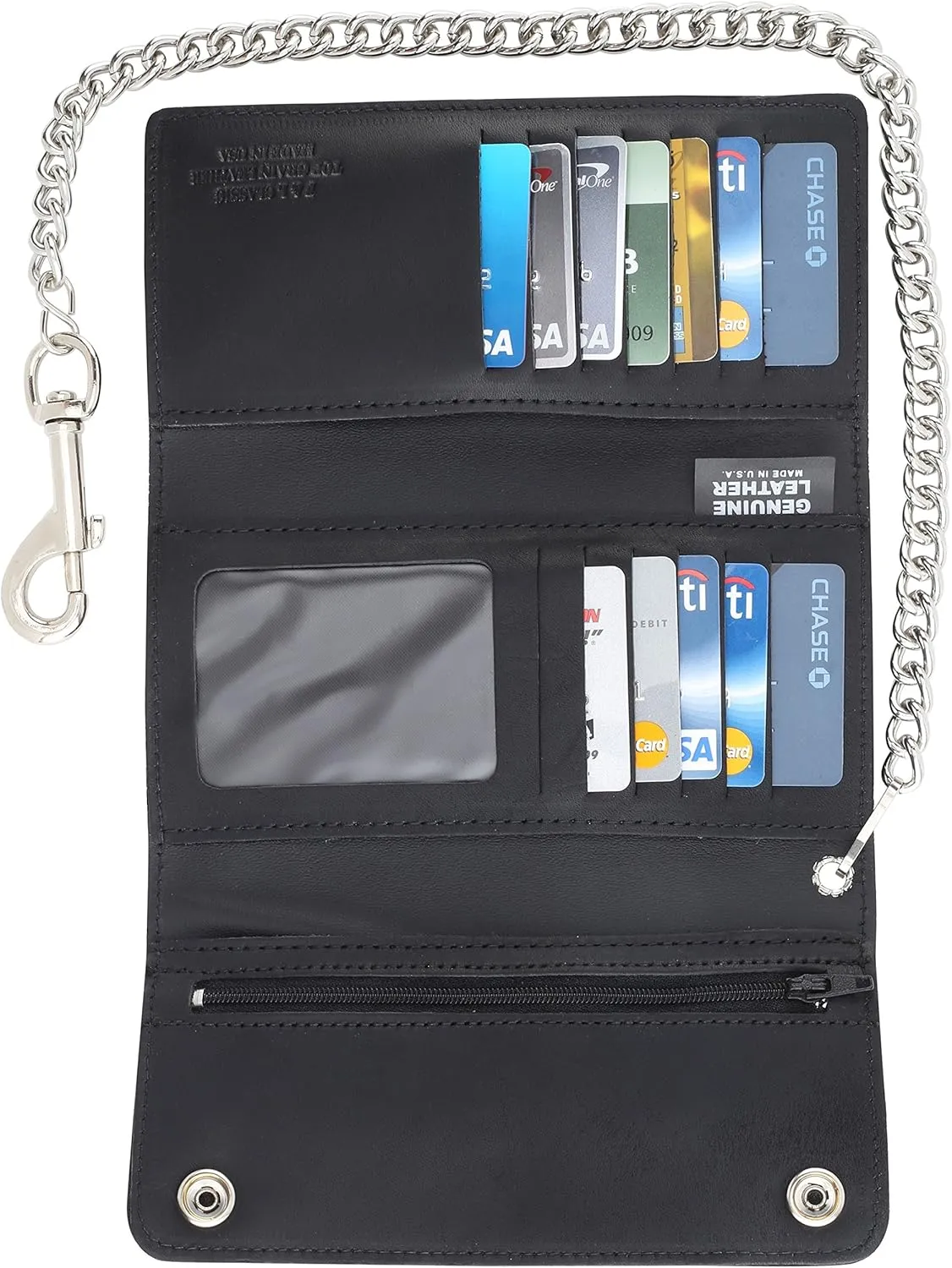 RFID Blocking Men's Tri-fold Vintage Long Style cow Leather With Chain card holder Wallet,MADE IN USA
