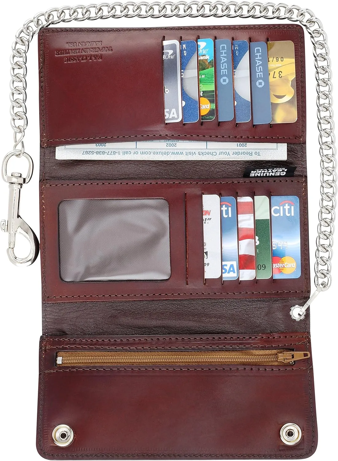 RFID Blocking Men's Tri-fold Vintage Long Style cow Leather With Chain card holder Wallet,MADE IN USA