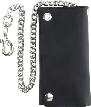 RFID Blocking Men's Tri-fold Vintage Long Style cow Leather With Chain card holder Wallet,MADE IN USA