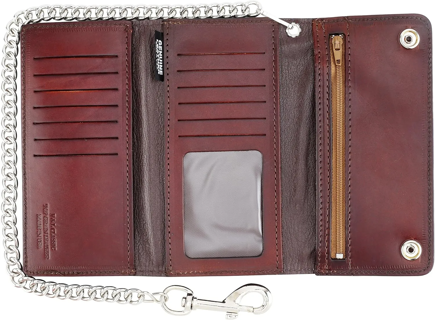 RFID Blocking Men's Tri-fold Vintage Long Style cow Leather With Chain card holder Wallet,MADE IN USA