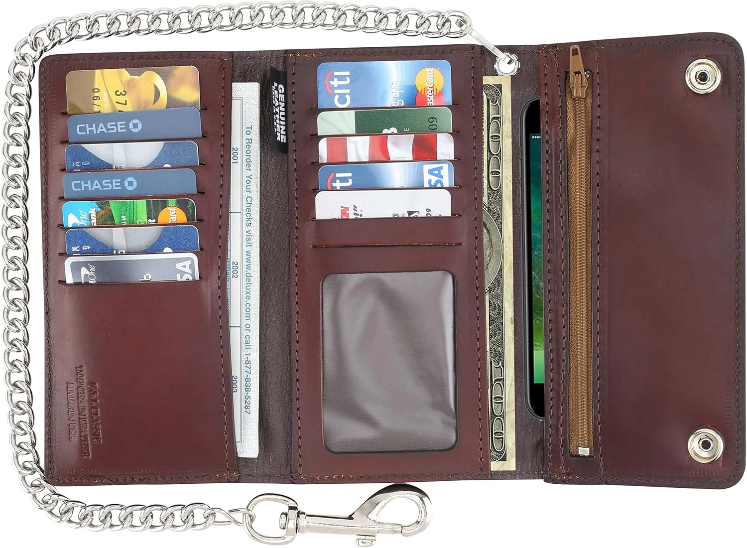 RFID Blocking Men's Tri-fold Vintage Long Style cow Leather With Chain card holder Wallet,MADE IN USA