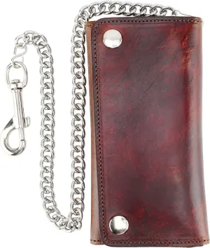 RFID Blocking Men's Tri-fold Vintage Long Style cow Leather With Chain card holder Wallet,MADE IN USA