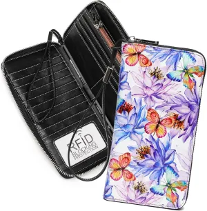 Rfid Blocking Wristlet Large Wallet for Women Credit Card Holder Bifold Designer Zipper Phone Long Wallet Purse Pink Purple Flowers