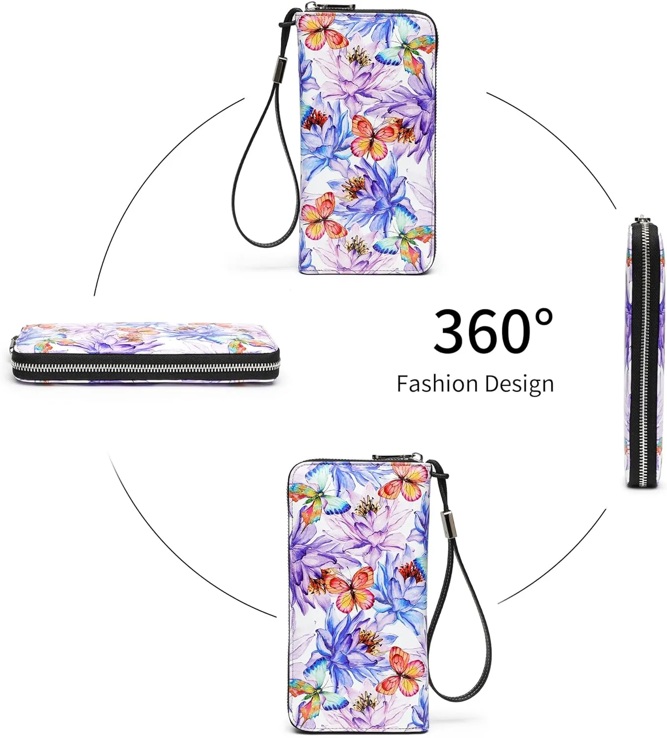 Rfid Blocking Wristlet Large Wallet for Women Credit Card Holder Bifold Designer Zipper Phone Long Wallet Purse Pink Purple Flowers