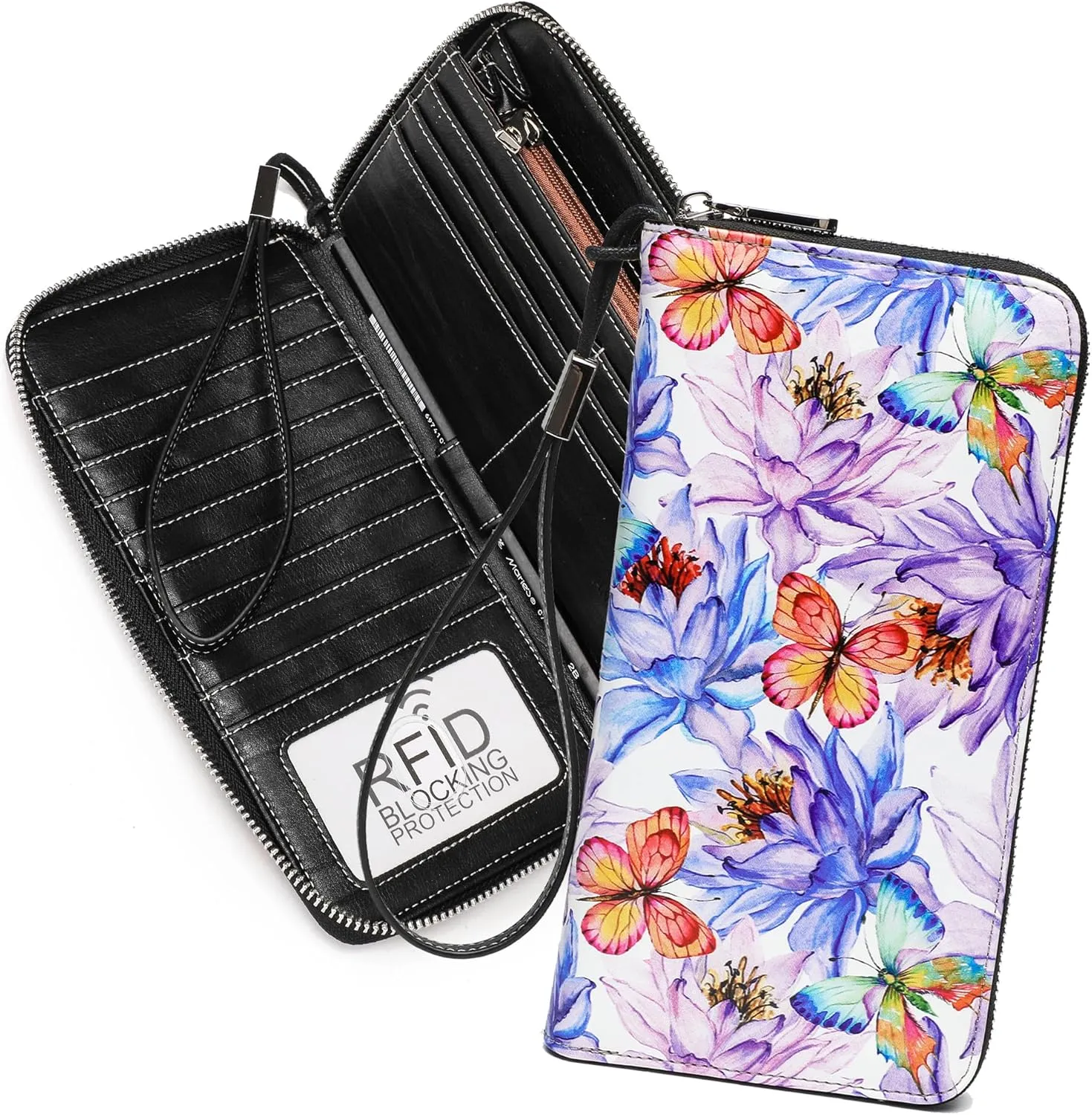 Rfid Blocking Wristlet Large Wallet for Women Credit Card Holder Bifold Designer Zipper Phone Long Wallet Purse Pink Purple Flowers