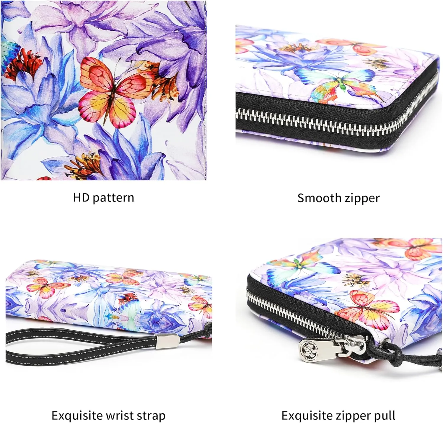 Rfid Blocking Wristlet Large Wallet for Women Credit Card Holder Bifold Designer Zipper Phone Long Wallet Purse Pink Purple Flowers