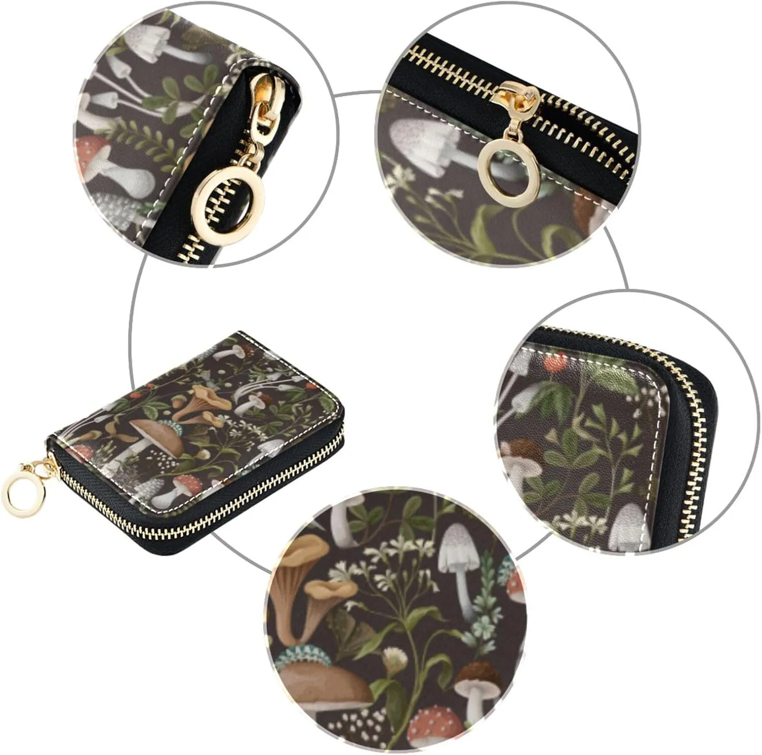 RFID Credit Card Holder Mushrooms Berries Leather With Zipper Card Case Wallet for Women Girls