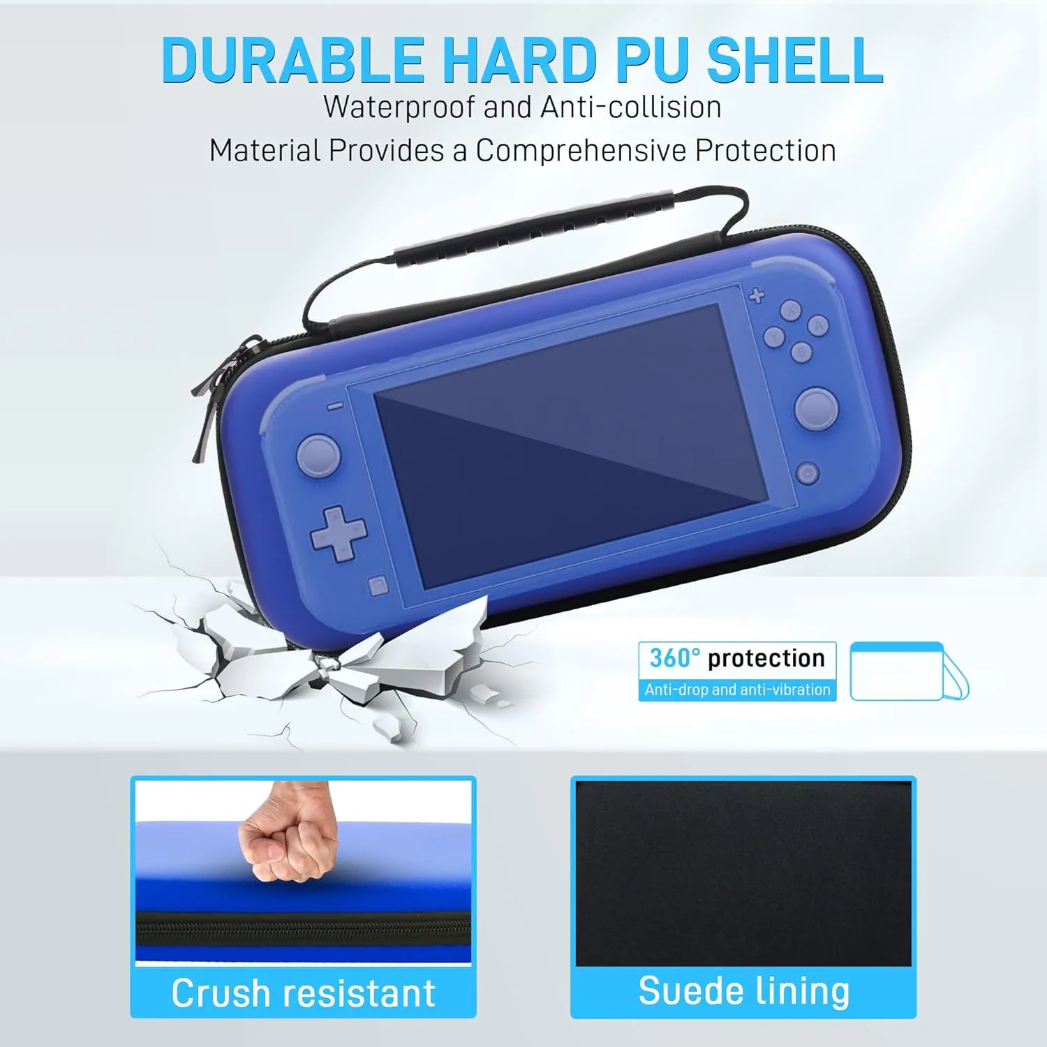 RHOTALL Carrying Case for Nintendo Switch Lite,Shockproof Portable Accessories Bundle Travel Bag,TPU Case Cover with Screen Protector,10 Thumb Grips (Blue)