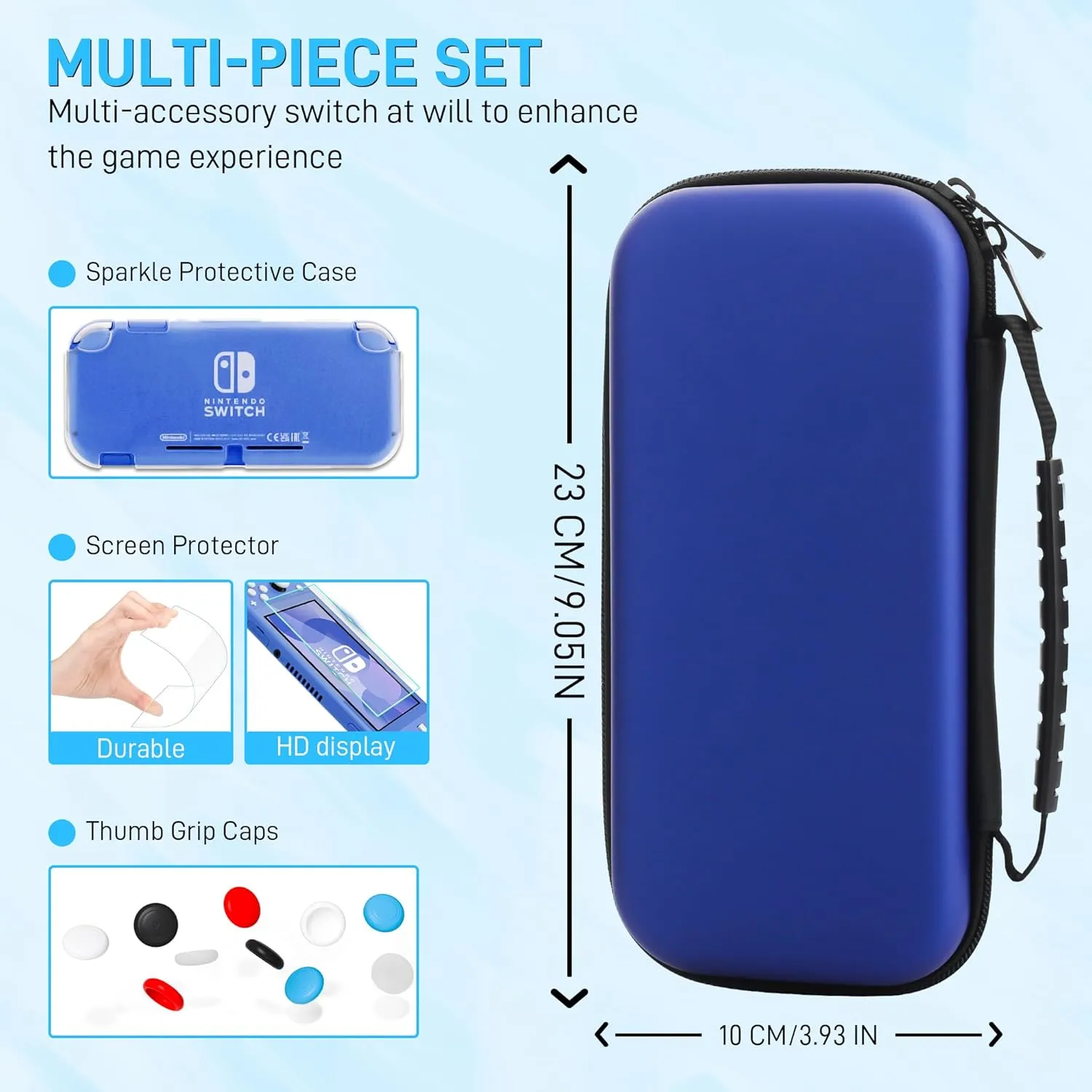 RHOTALL Carrying Case for Nintendo Switch Lite,Shockproof Portable Accessories Bundle Travel Bag,TPU Case Cover with Screen Protector,10 Thumb Grips (Blue)