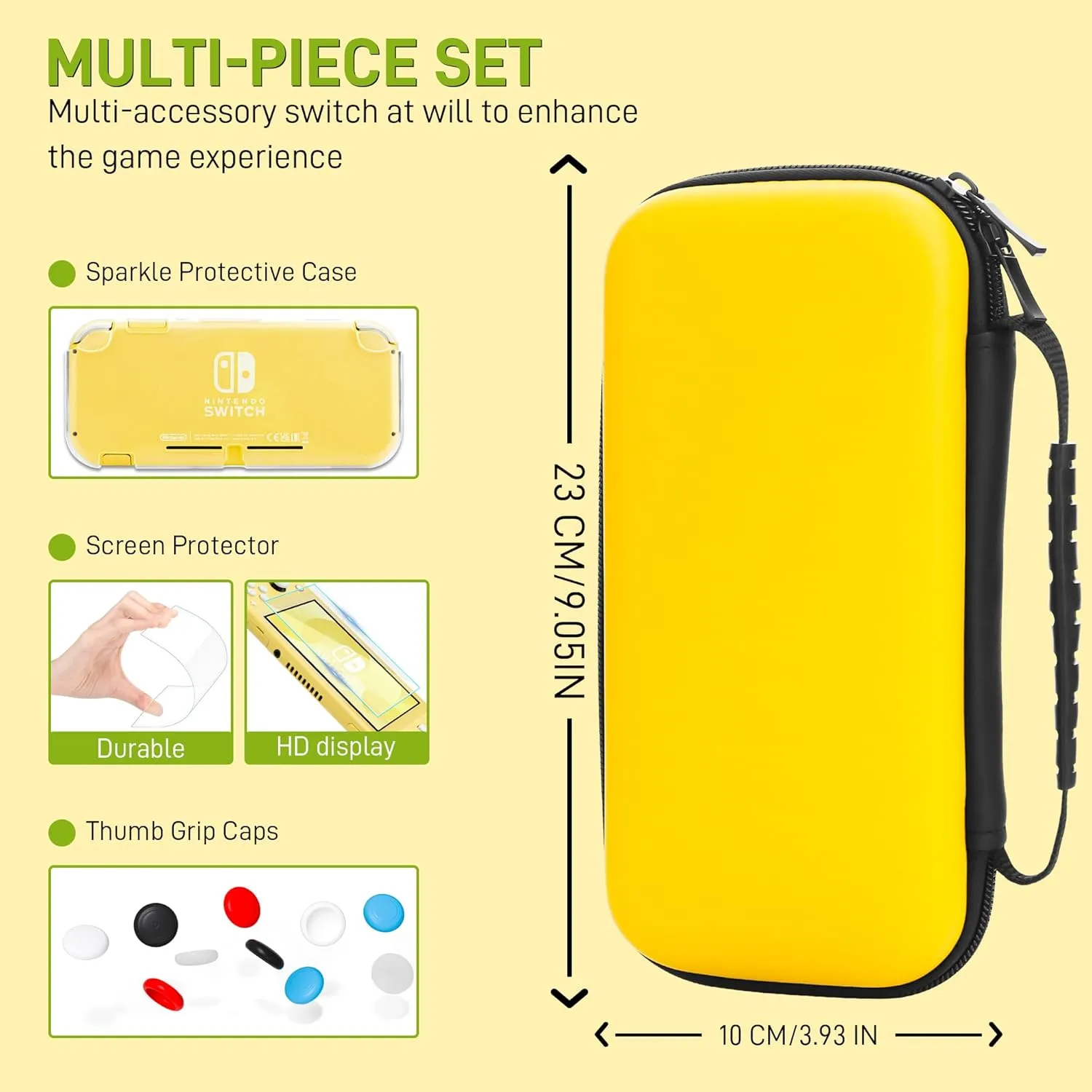 RHOTALL Carrying Case for Nintendo Switch Lite,Shockproof Portable Accessories Bundle Travel Bag,TPU Case Cover with Screen Protector,10 Thumb Grips (Yellow)