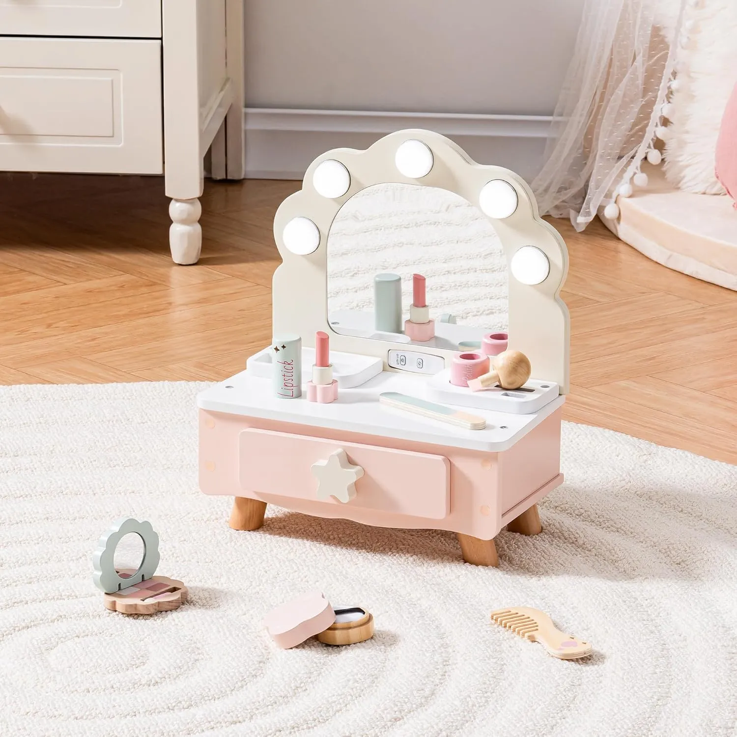ROBOTIME Toddler Vanity Makeup Table Toy with Mirror & Light, Wooden Kids Makeup Vanity Set, Dressing Table with Accessories and Lights, Pretend Makeup Set for Little Girls