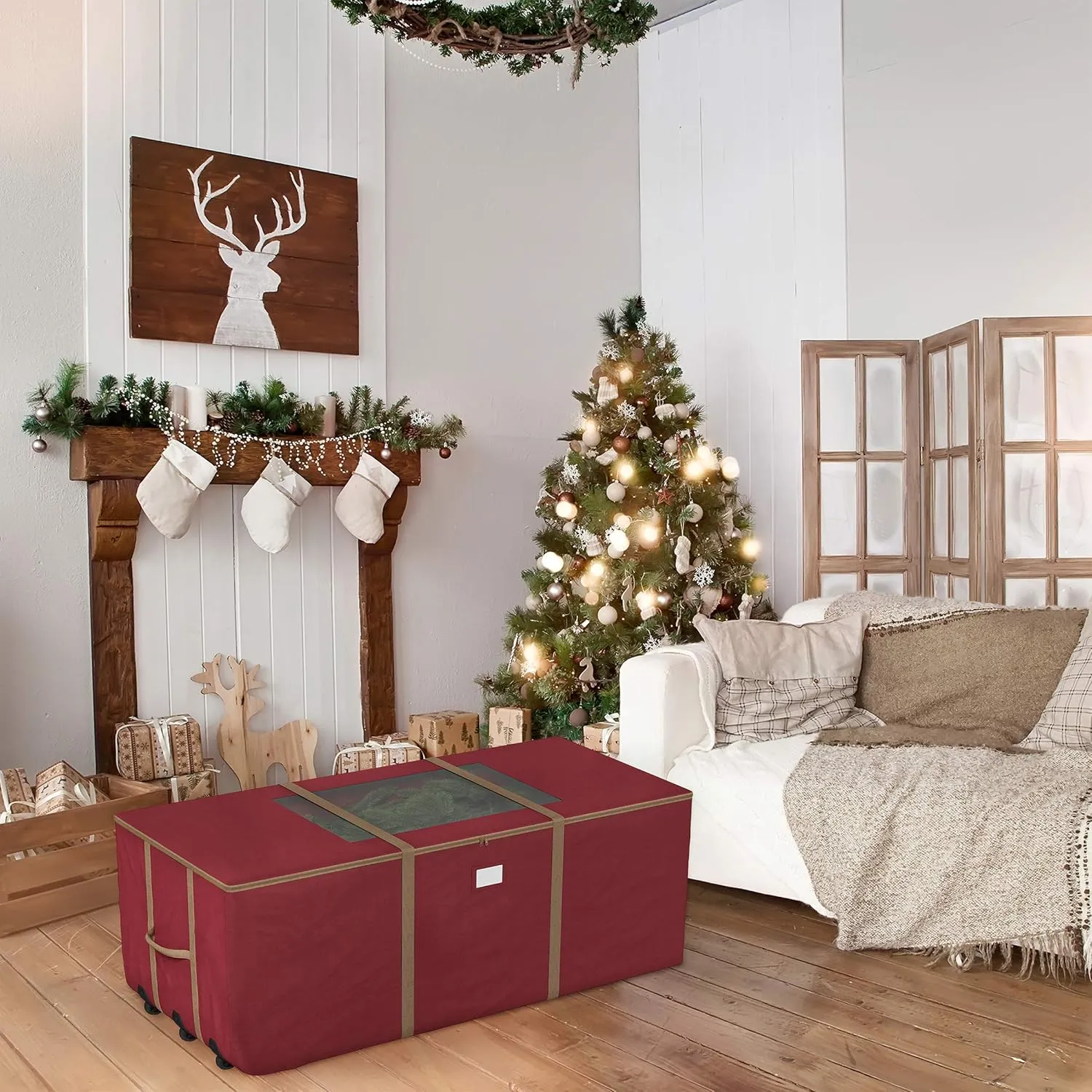 Rolling Christmas Tree Storage Bag - Heavy-Duty Storage Bags for 12FT Artificial Trees, Seasonal Décor, Packing, Moving, and More by Elf Stor (Red)