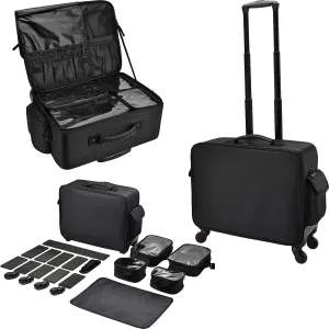 Rolling Makeup Case Cosmetology Case on Wheels Extra Large Cosmetic Artist Bag Portable TravelCase for Hairstylists Nail Tech Traveling Professional Make Up Train Suitcase Carts Trolley, Black