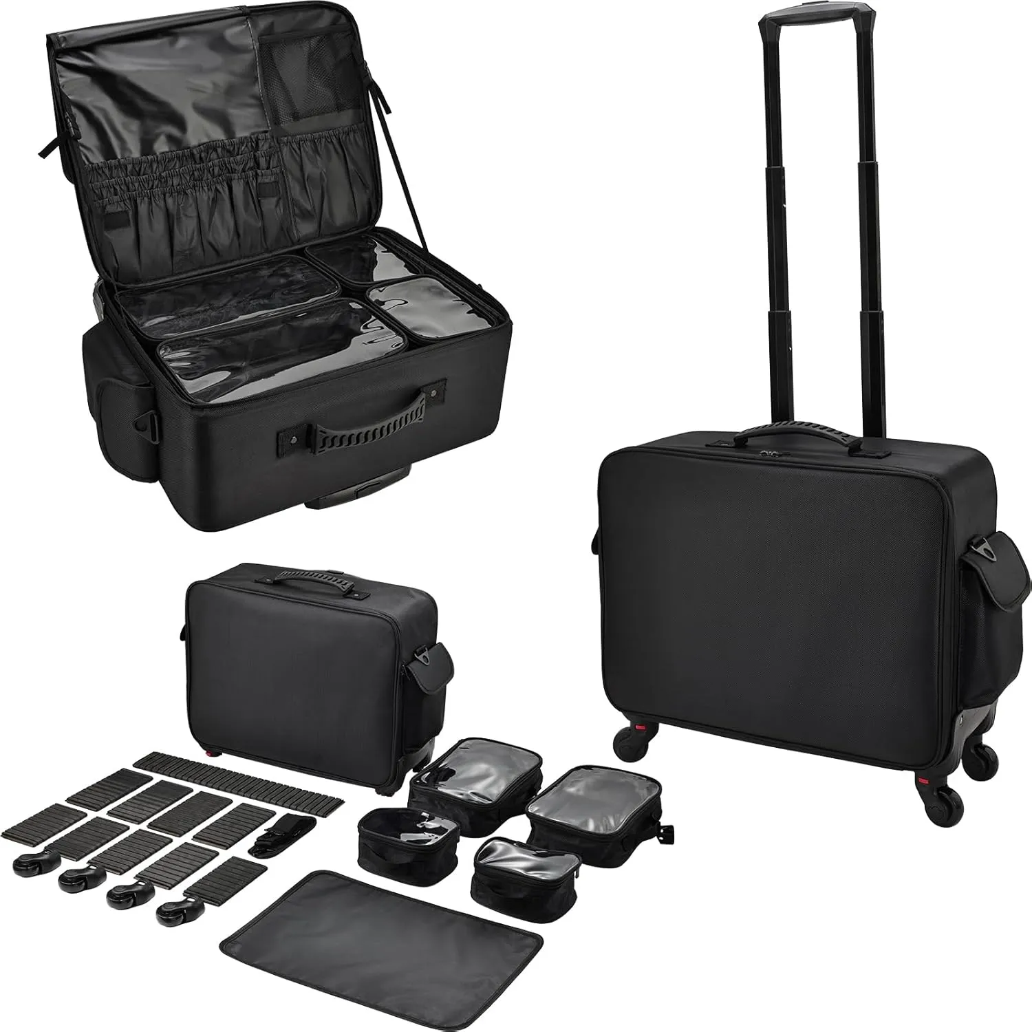 Rolling Makeup Case Cosmetology Case on Wheels Extra Large Cosmetic Artist Bag Portable TravelCase for Hairstylists Nail Tech Traveling Professional Make Up Train Suitcase Carts Trolley, Black