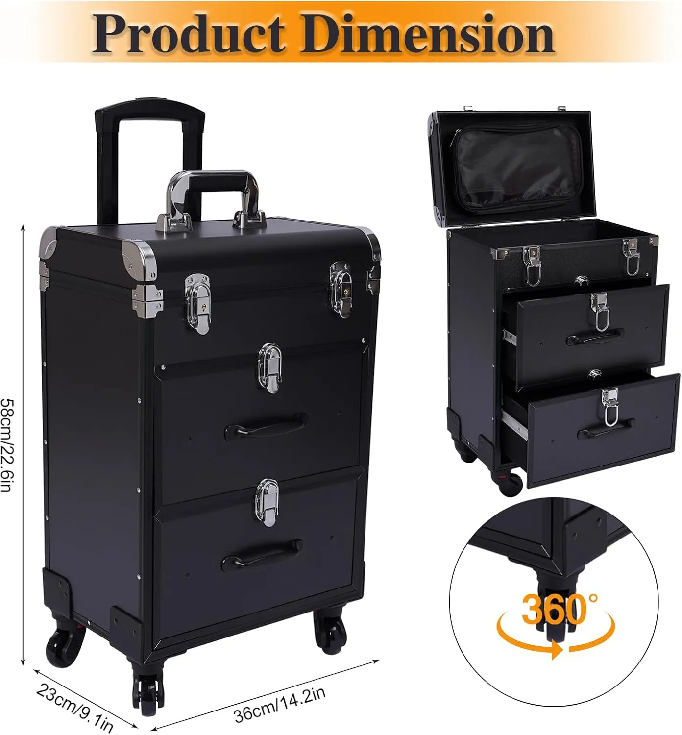 Rolling Makeup Case, Large Cosmetic Trolley with Locks, Make up Bag with dividers, Cosmetics Storage Organizer for Professional Make-Up Artists Hairdressers Nail Technicians, Black