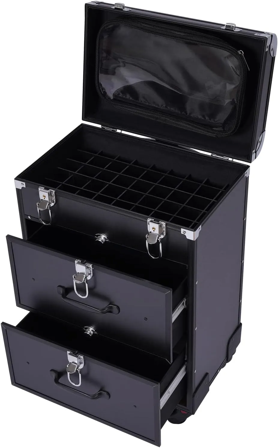 Rolling Makeup Case, Large Cosmetic Trolley with Locks, Make up Bag with dividers, Cosmetics Storage Organizer for Professional Make-Up Artists Hairdressers Nail Technicians, Black