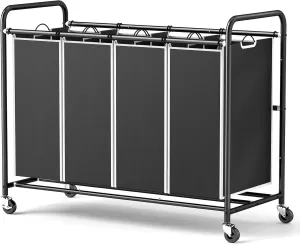 ROMOON 4 Section Heavy Duty Laundry Sorter, Separated Laundry Hamper Cart with Wheels and Removable Bags, Rolling Laundry Basket Organizer for Dirty Clothes Storage in Laundry Room Organization, Black
