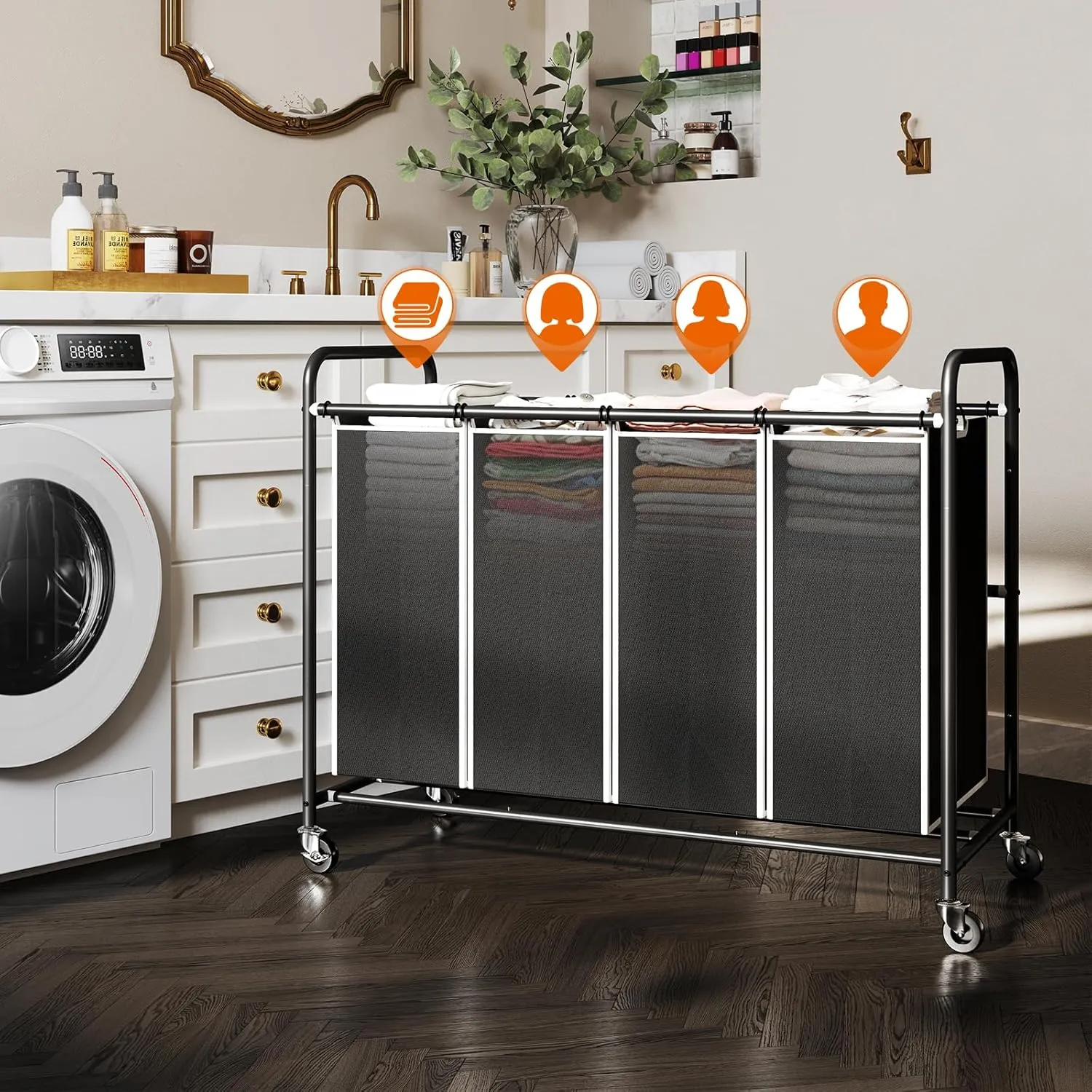 ROMOON 4 Section Heavy Duty Laundry Sorter, Separated Laundry Hamper Cart with Wheels and Removable Bags, Rolling Laundry Basket Organizer for Dirty Clothes Storage in Laundry Room Organization, Black