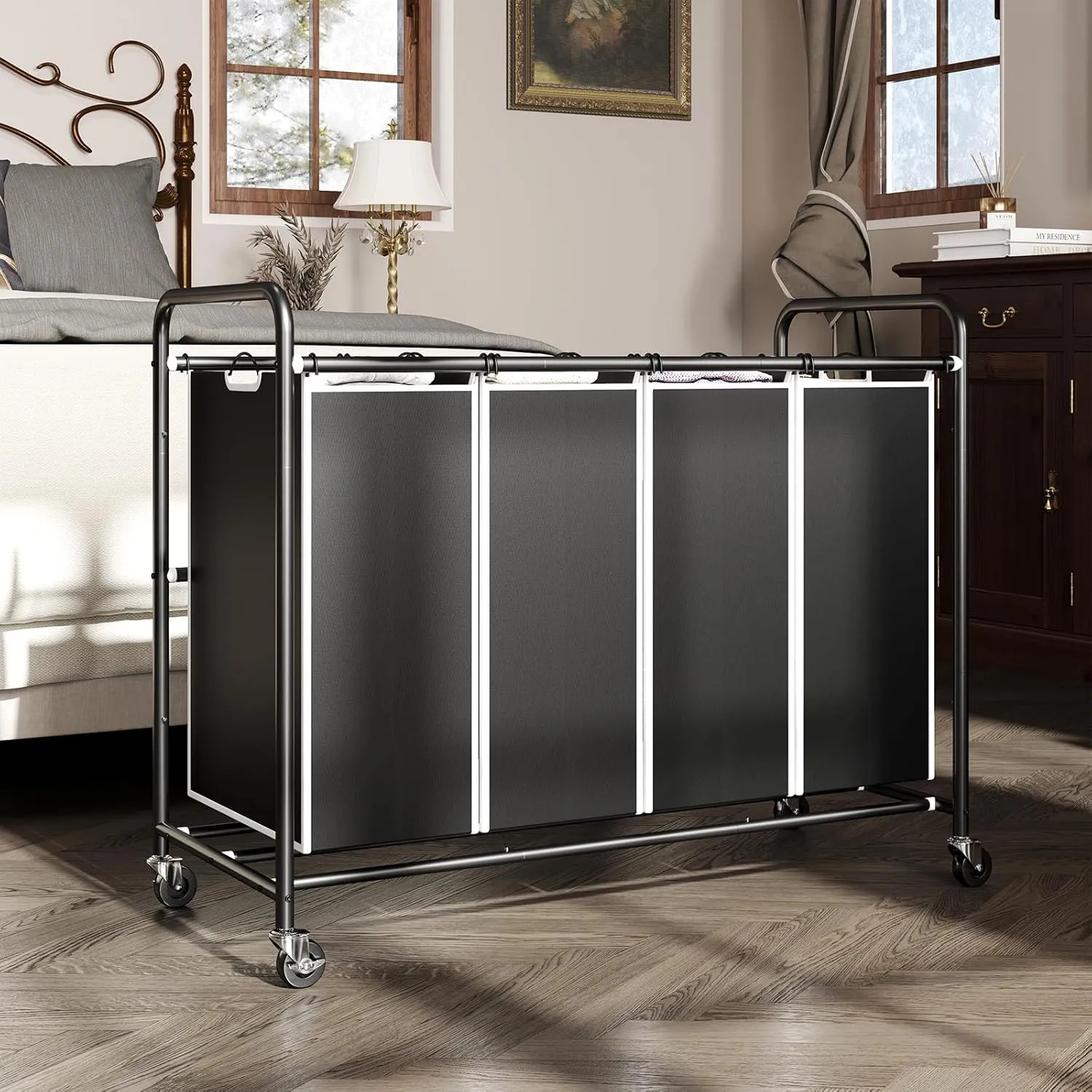 ROMOON 4 Section Heavy Duty Laundry Sorter, Separated Laundry Hamper Cart with Wheels and Removable Bags, Rolling Laundry Basket Organizer for Dirty Clothes Storage in Laundry Room Organization, Black