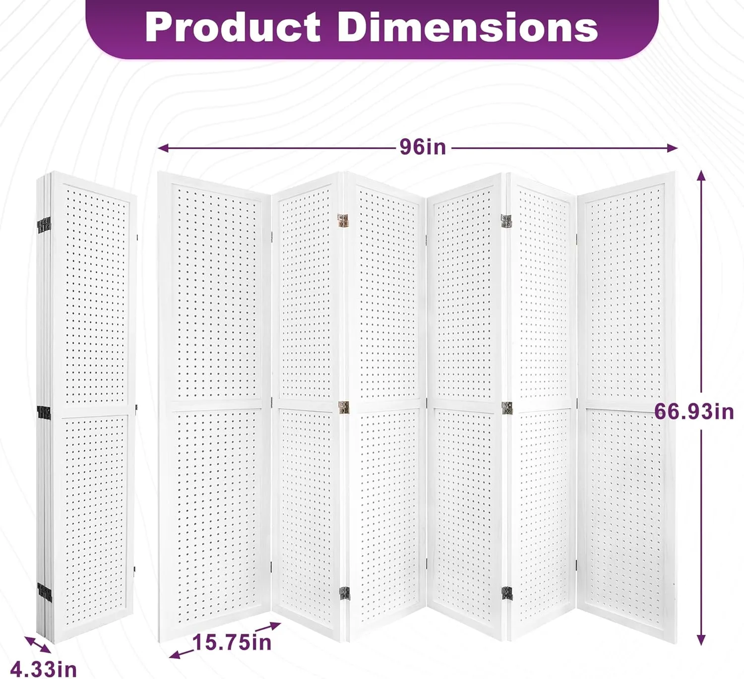 Room Divider, 5.6FT Folding Room Divider Panel, 6 Panel Pegboard Display Wood Partition Wall Divider for Room Separation& Craft Shows, White
