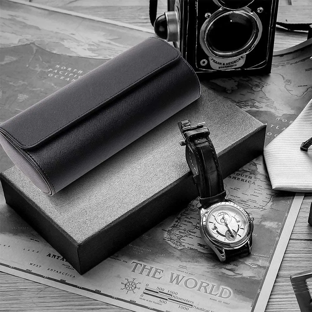 ROSELLE Watch Roll Travel Case for Men and Women- 3 Watch Storage and Organizer-Secure Storage with Innovative Removable Pillows & Solid Dividers for Home Storage, Travel and Display(Black Cross)