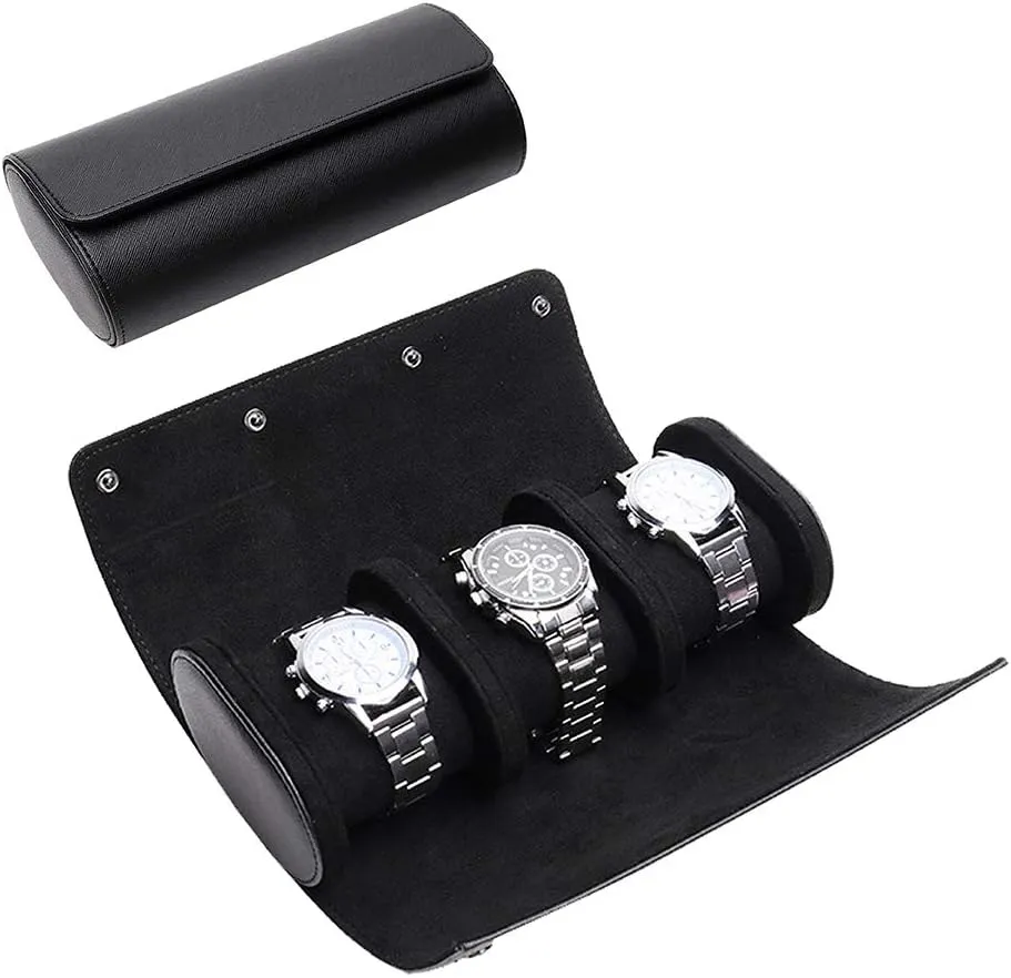 ROSELLE Watch Roll Travel Case for Men and Women- 3 Watch Storage and Organizer-Secure Storage with Innovative Removable Pillows & Solid Dividers for Home Storage, Travel and Display(Black Cross)