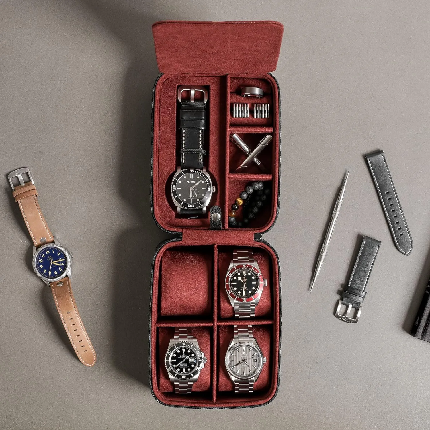 ROTHWELL 5 Watch Travel Case Storage Organizer for 5 Watches | Tough Portable Protection w/Zipper Fits All Wristwatches & Smart Watches Up to 50mm (Black/Red)