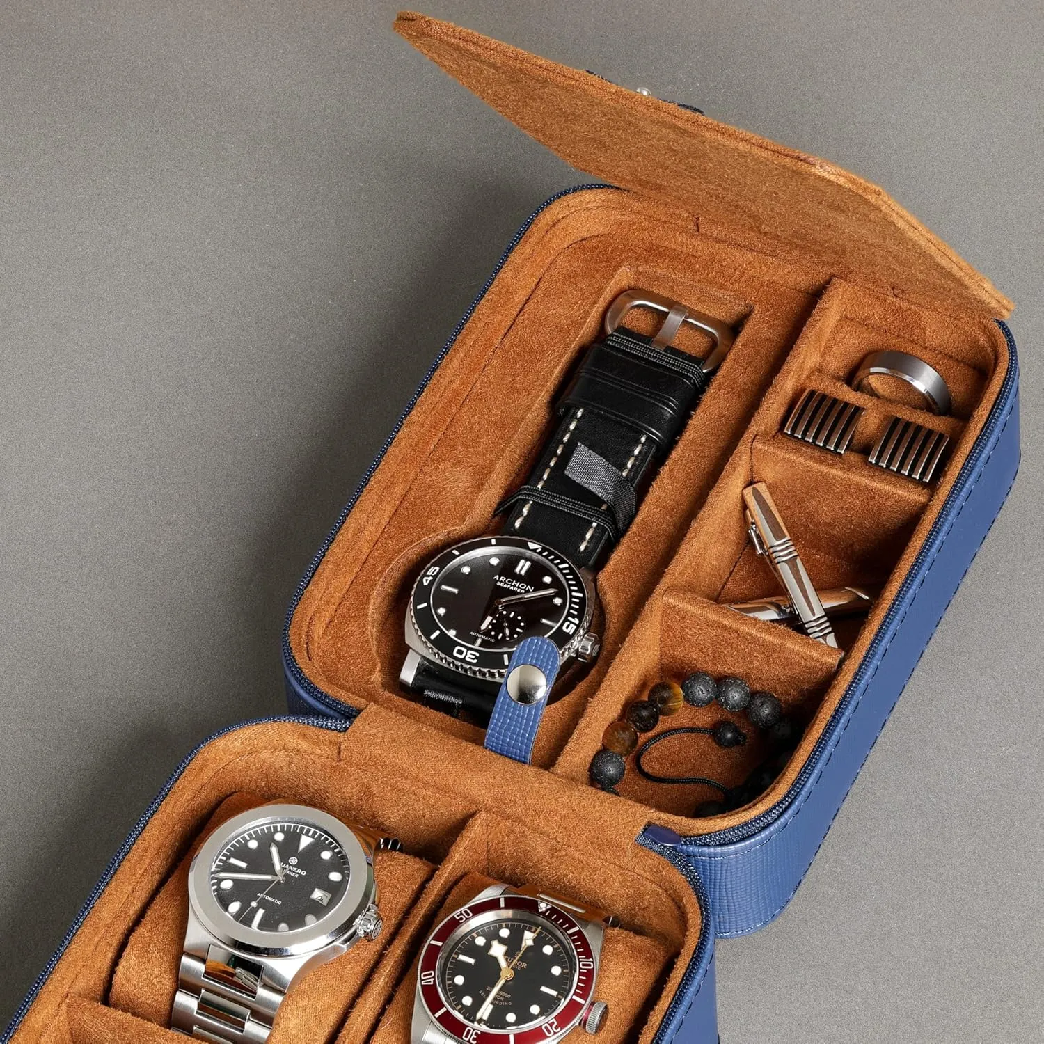 ROTHWELL 5 Watch Travel Case Storage Organizer for 5 Watches | Tough Portable Protection w/Zipper Fits All Wristwatches & Smart Watches Up to 50mm (Blue/Tan)