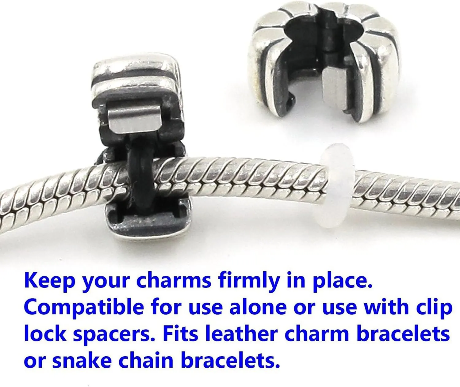 RUBYCA Clip Lock Clasps Beads w/Silicone O-Ring Stopper fit European Charm Bracelet (20pcs Silver)