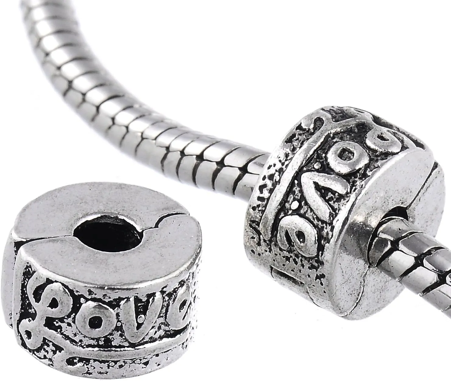 RUBYCA Clip Lock Clasps Beads w/Silicone O-Ring Stopper fit European Charm Bracelet (20pcs Silver)