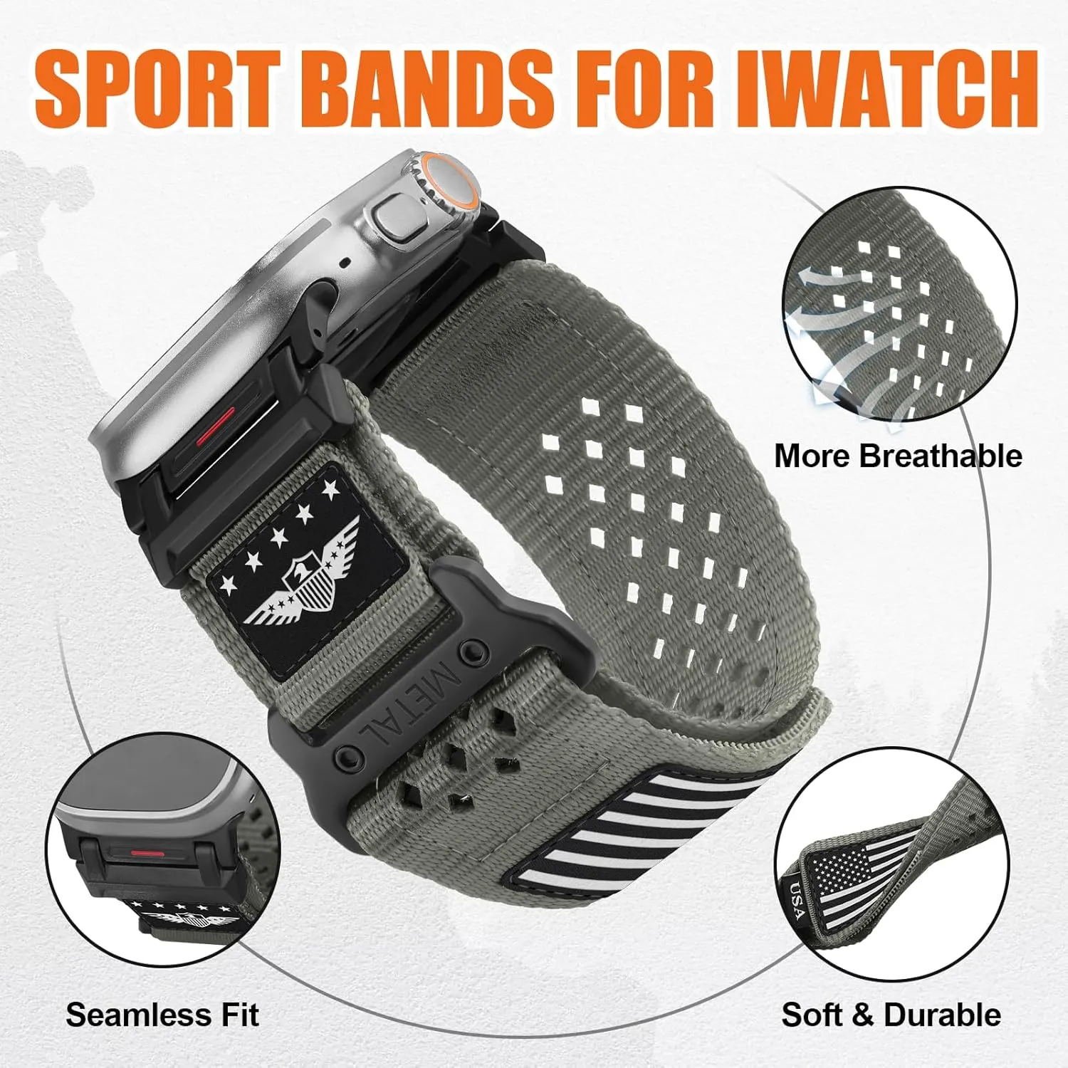 Rugged Nylon Band for Apple Watch Ultra 2 Bands for Men 49mm 46mm 45mm 44mm 42mm,Breathable Stars-Stripes Flag Wristband Workout Athletic Strap for iWatch Bands Ultra Series 10 9 8 7 6 5 4 3 SE/Ultra2