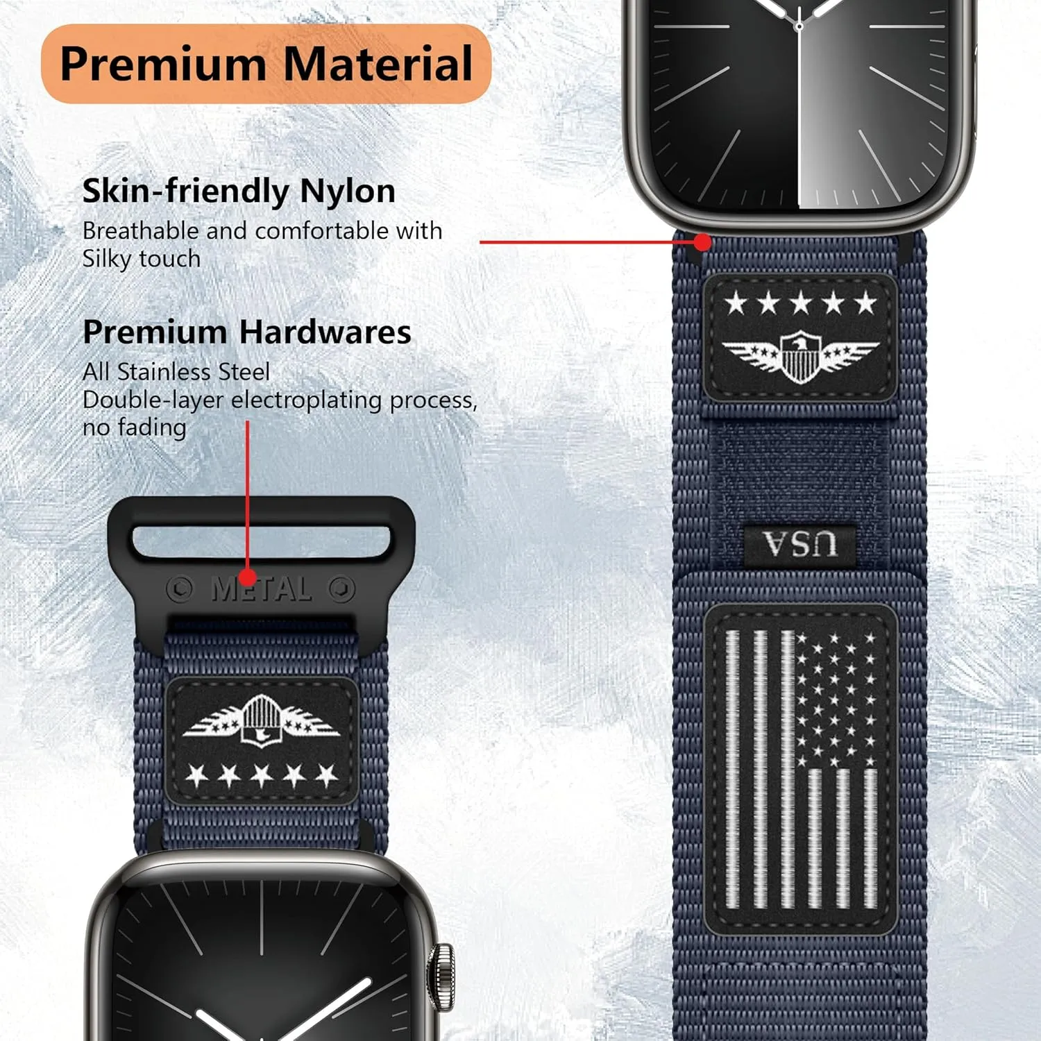 Rugged Nylon for Apple Watch Ultra 2 Band 49mm iWatch Bands 46mm 45mm 44mm 42mm Men,Soft Woven Adjustable Stars-Stripes Flag Wristbands Strap for Apple Watch Ultra Series 10/9/8/7/6/5/4/3/SE/Ultra2