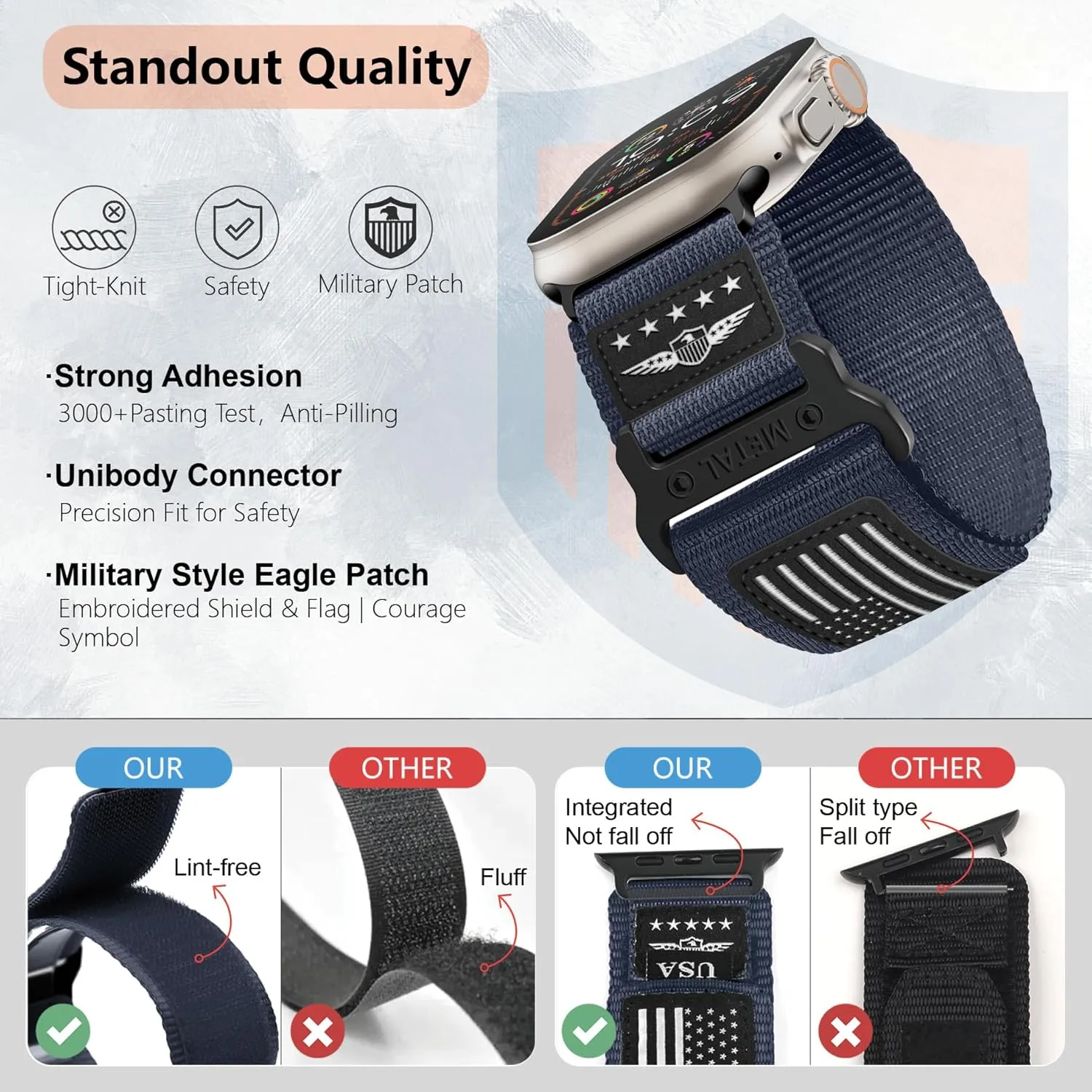 Rugged Nylon for Apple Watch Ultra 2 Band 49mm iWatch Bands 46mm 45mm 44mm 42mm Men,Soft Woven Adjustable Stars-Stripes Flag Wristbands Strap for Apple Watch Ultra Series 10/9/8/7/6/5/4/3/SE/Ultra2
