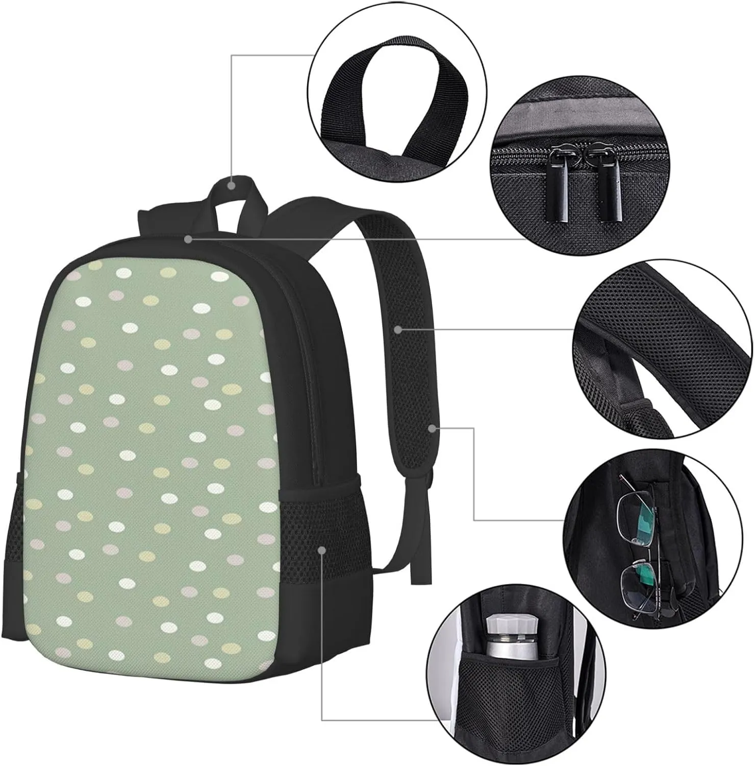 Sage Polka Dots Backpack Minimalist Large Capacity Backpack 16.5 inch Leisure Travel Daypack