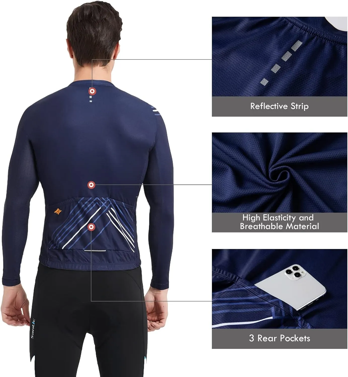 Santic Cycling Jersey Men's Long Sleeve Bike Reflective Full Zip Bicycle Shirts with Pockets