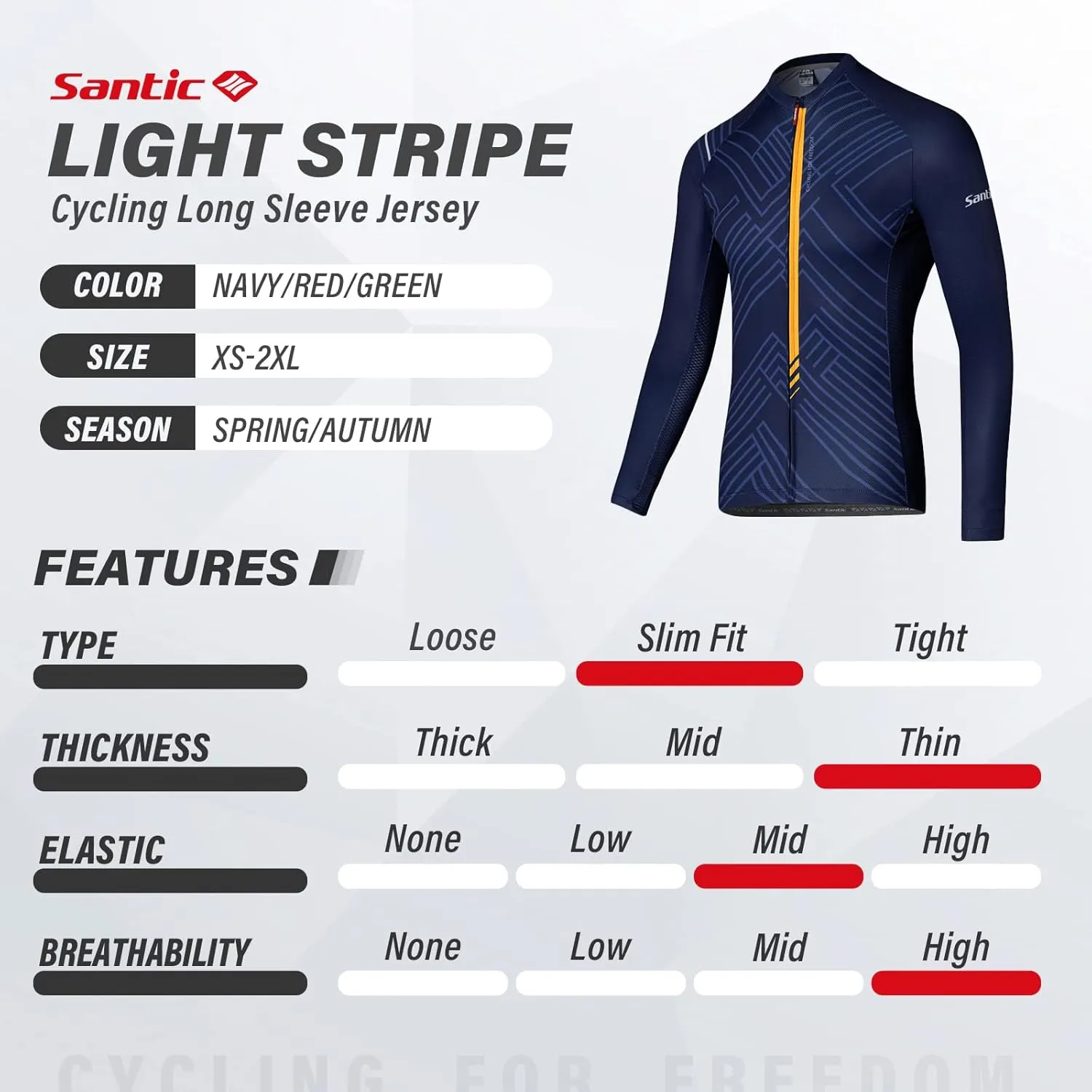 Santic Cycling Jersey Men's Long Sleeve Bike Reflective Full Zip Bicycle Shirts with Pockets