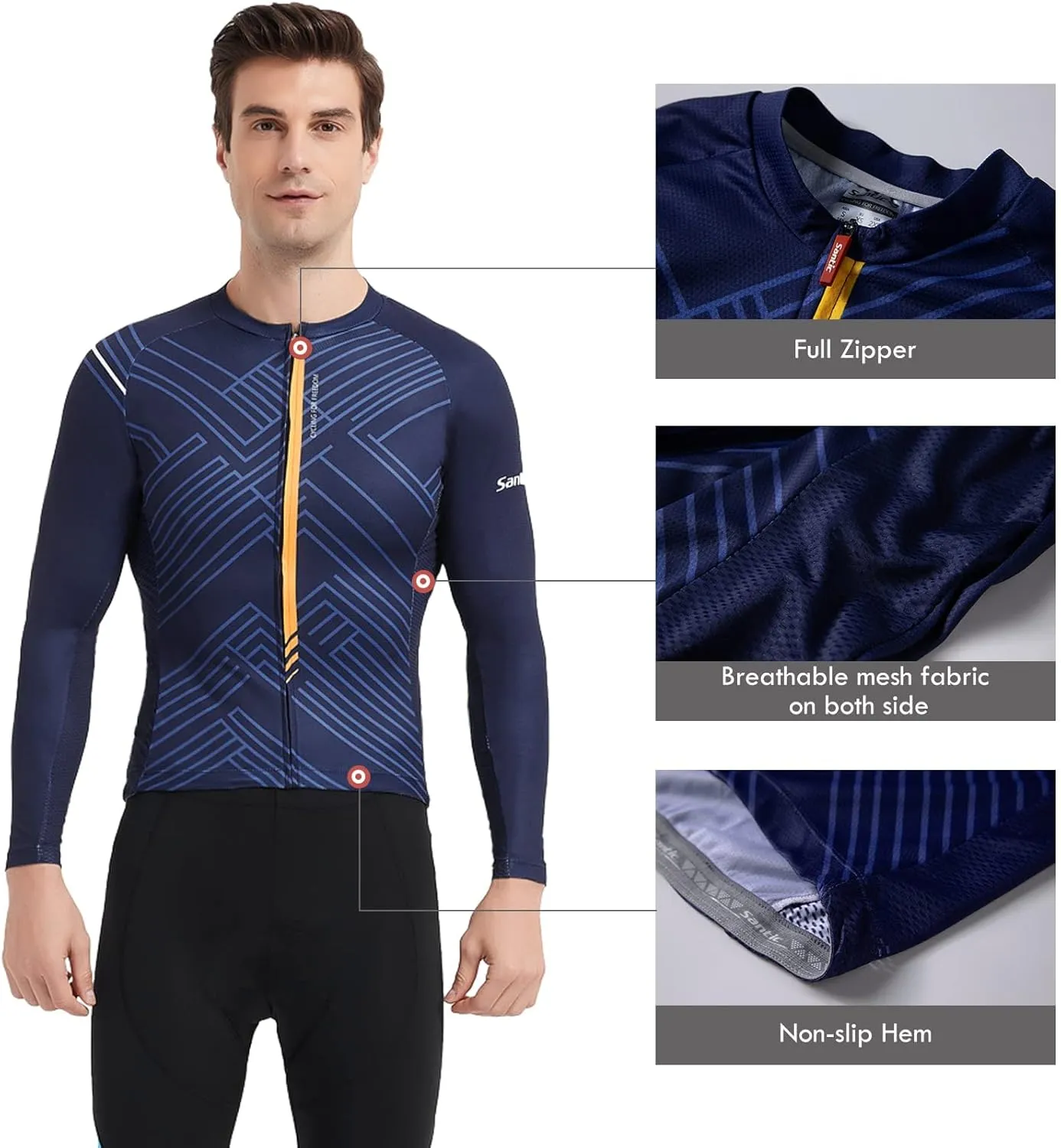 Santic Cycling Jersey Men's Long Sleeve Bike Reflective Full Zip Bicycle Shirts with Pockets