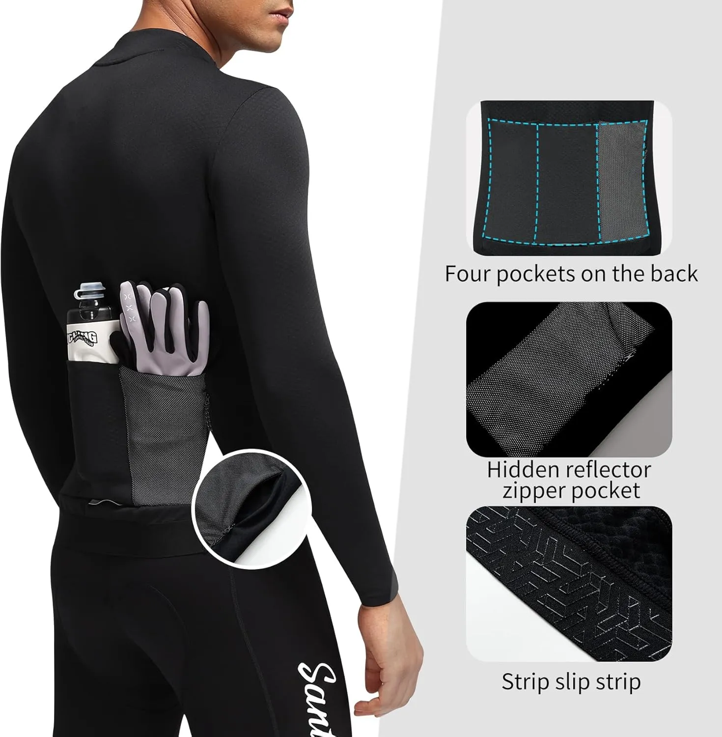 Santic Men's Cycling Jersey Winter Thermal Pro Long Sleeve Fleece Cycling Jacket with 3 Pockets