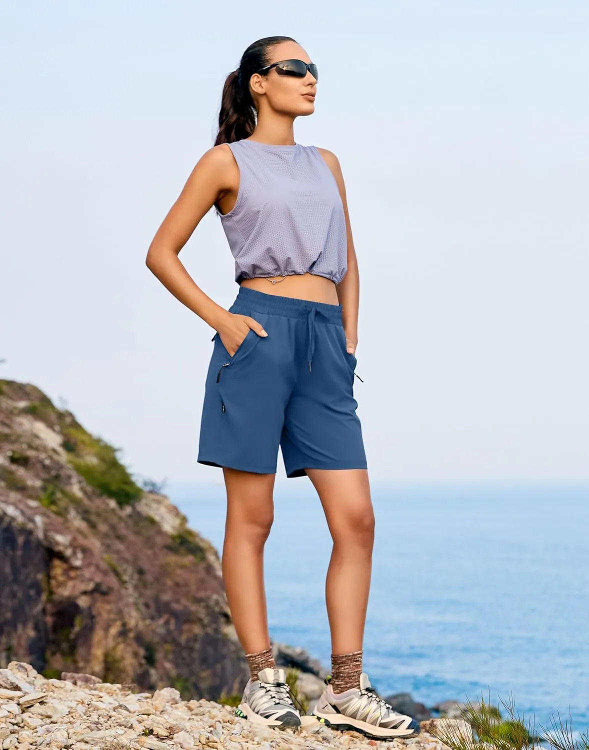 SANTINY Women's 7''/ 9'' Hiking Shorts with 3 Zipper Pockets Lightweight Quick Dry Long Athletic Golf Shorts for Women Casual