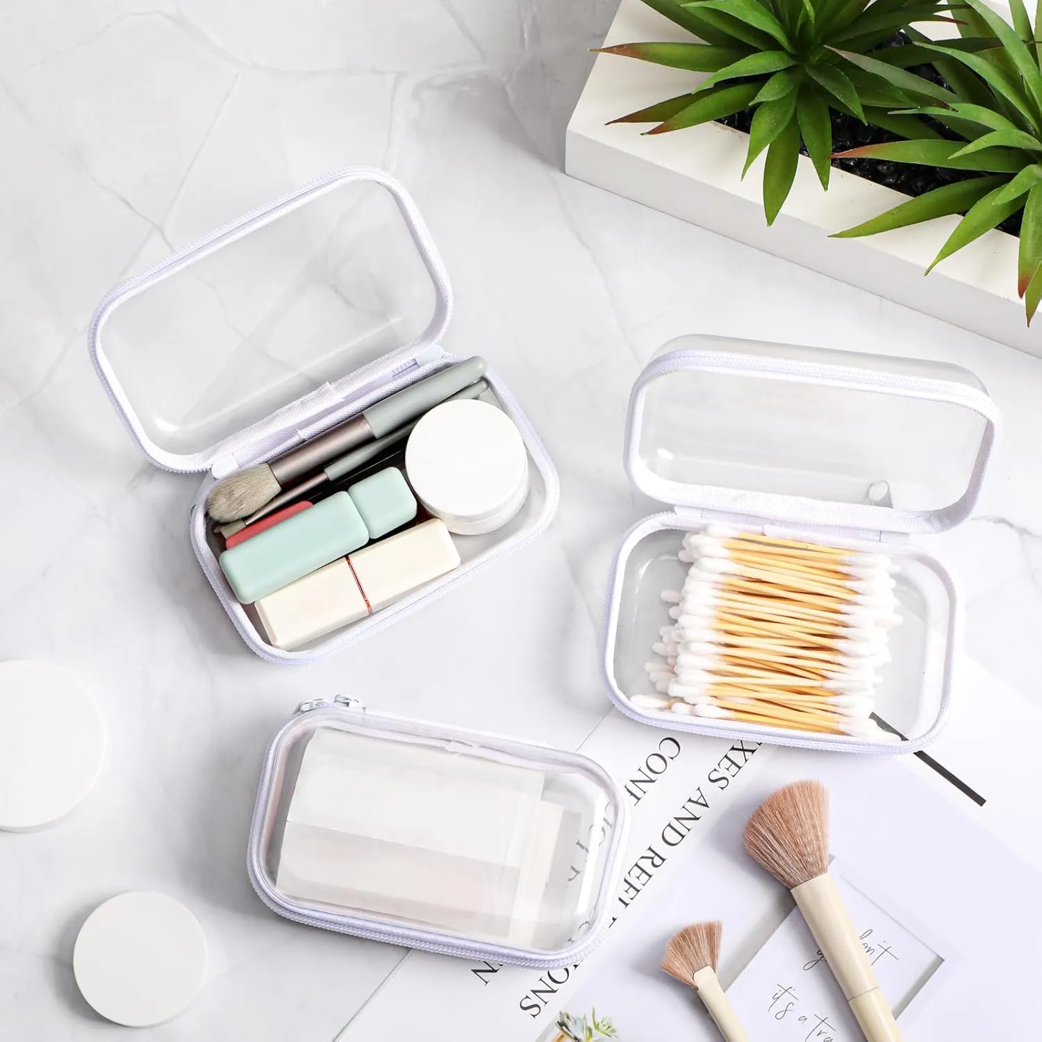 Sanwuta 6 Pcs Clear Hard Zipper Case Hard Plastic Zipper Pouches Makeup Bag Transparent Cases for Snacks Plastic Storage Organizer Portable Box for Travel