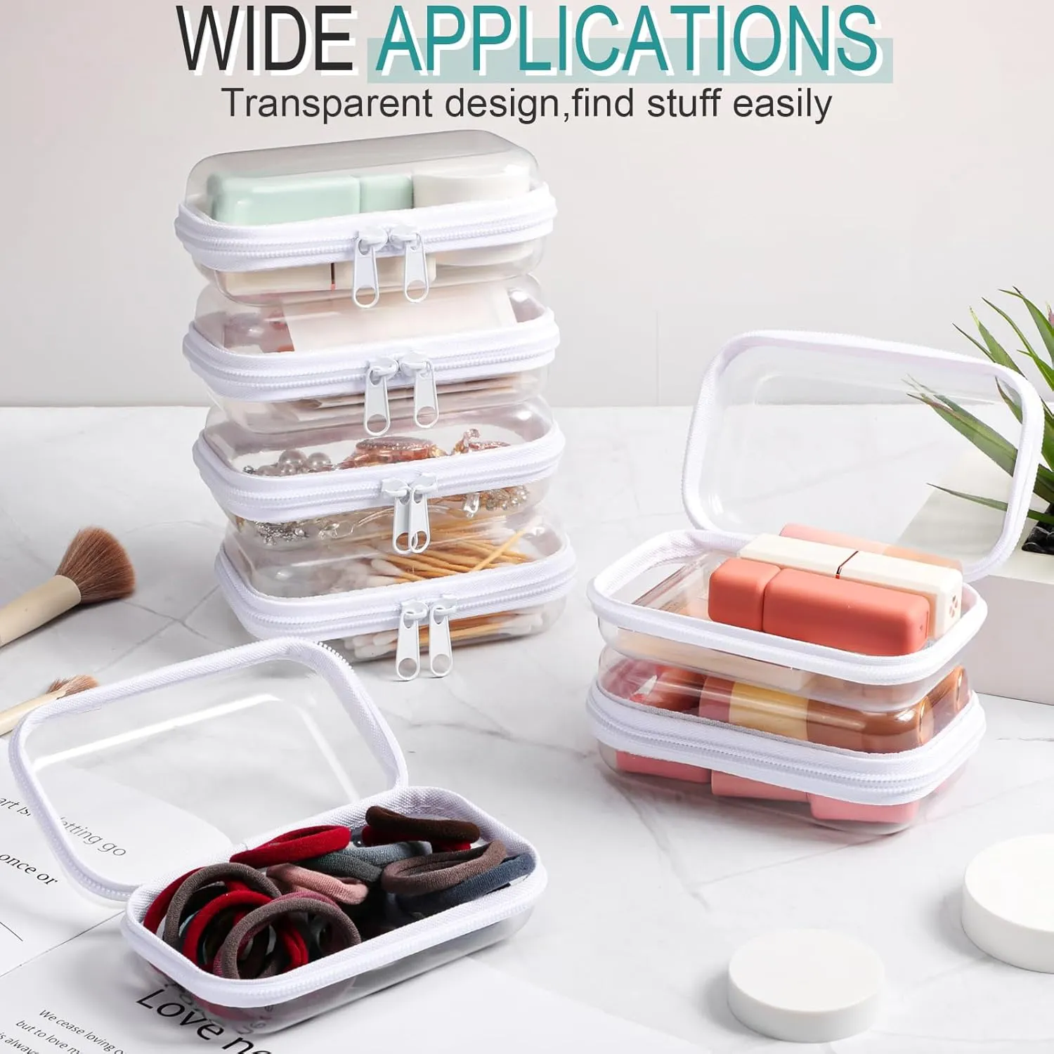 Sanwuta 6 Pcs Clear Hard Zipper Case Hard Plastic Zipper Pouches Makeup Bag Transparent Cases for Snacks Plastic Storage Organizer Portable Box for Travel