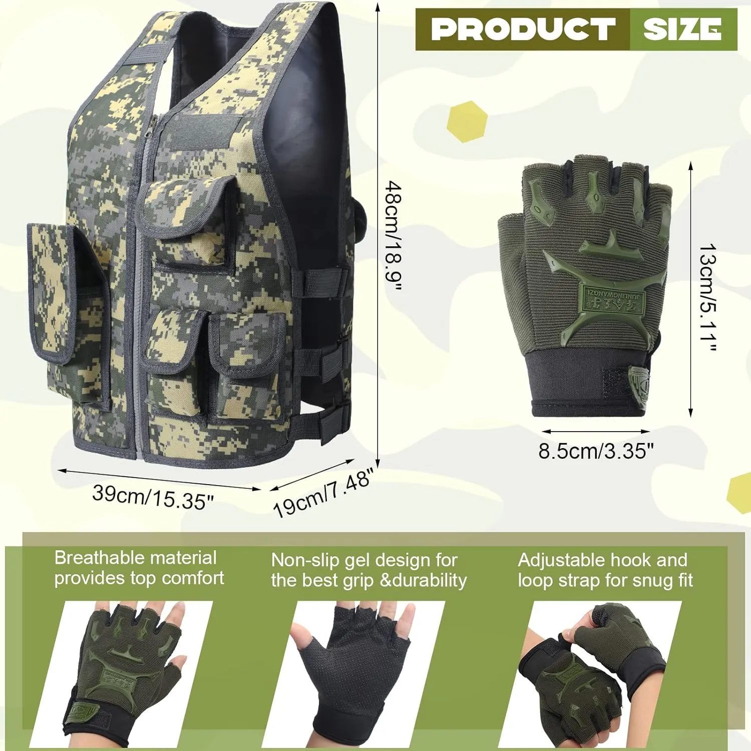 SATINIOR Tactical Vest Army Combat Vest Outdoor with Half Finger Fingerless Short Gloves Breathable