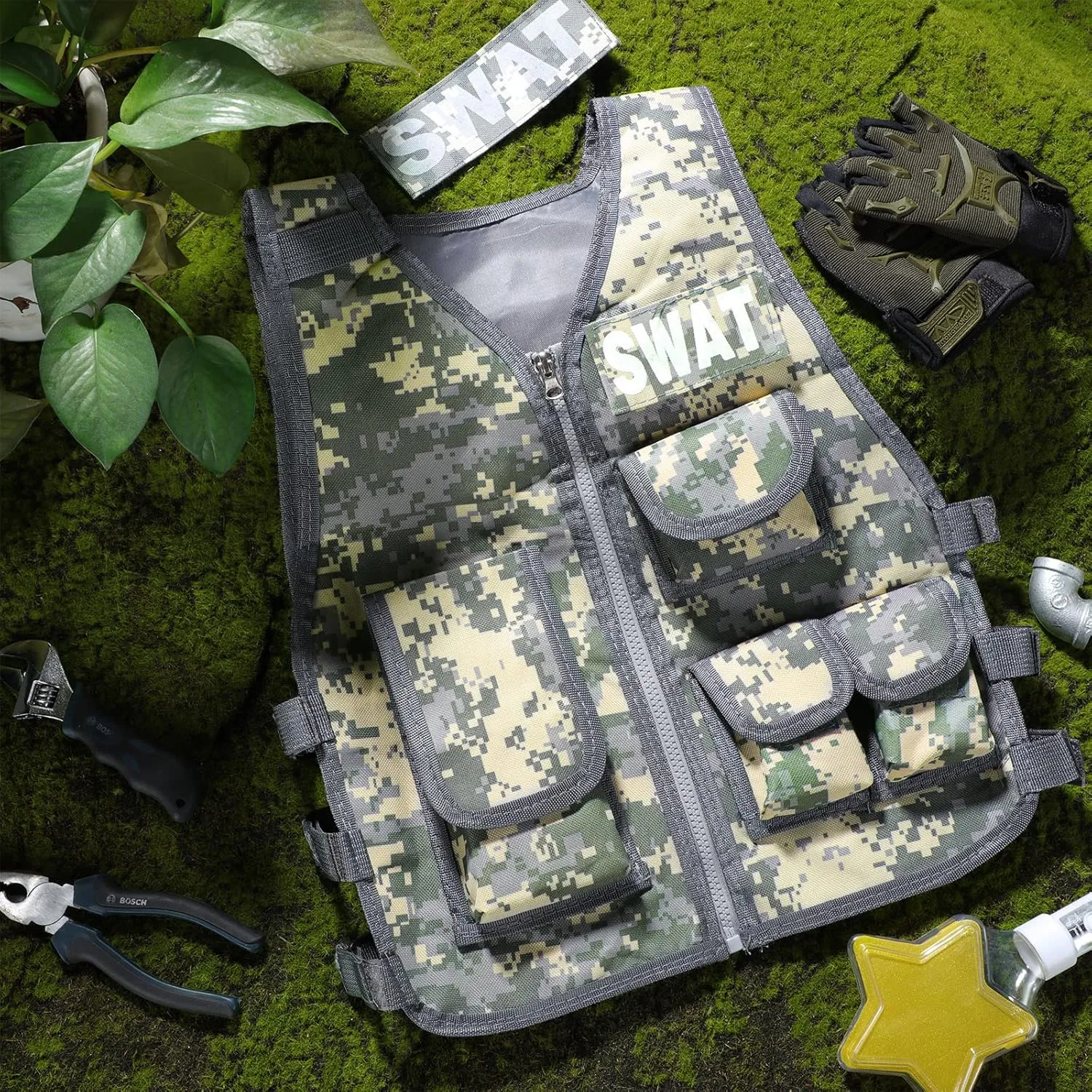SATINIOR Tactical Vest Army Combat Vest Outdoor with Half Finger Fingerless Short Gloves Breathable