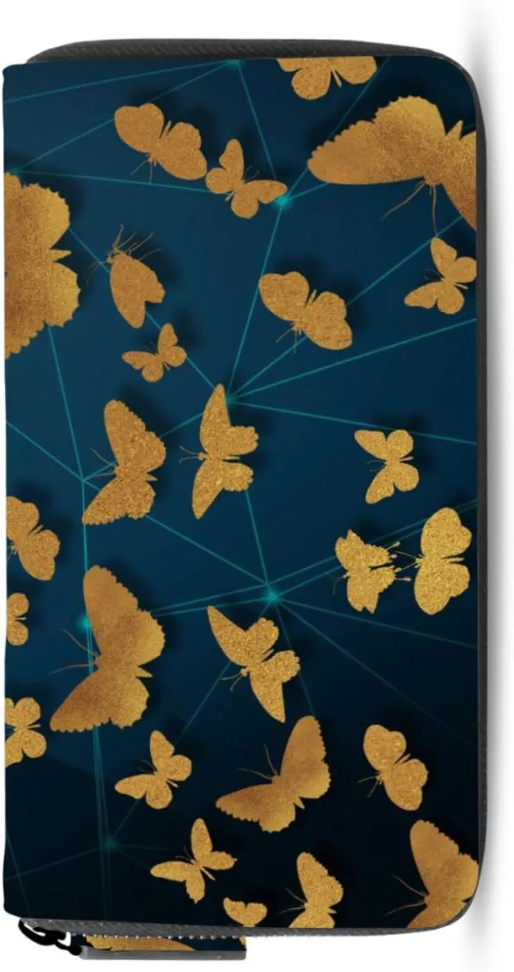 Seamless Golden Gold Butterflies on Abstract Blue Background Leather Long Wallet Organizer with Zipper Purse Clutch Bag for Women Men Key Card Coin Passport Checkbook 8 x 4 inch