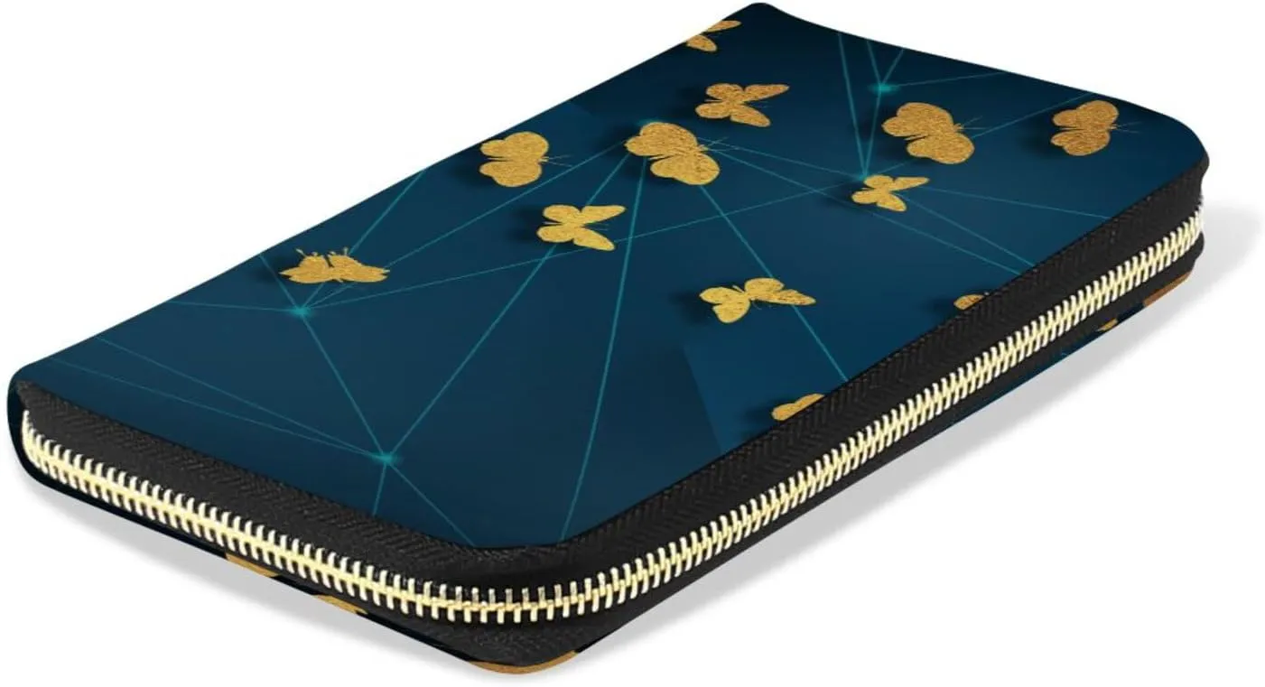 Seamless Golden Gold Butterflies on Abstract Blue Background Leather Long Wallet Organizer with Zipper Purse Clutch Bag for Women Men Key Card Coin Passport Checkbook 8 x 4 inch