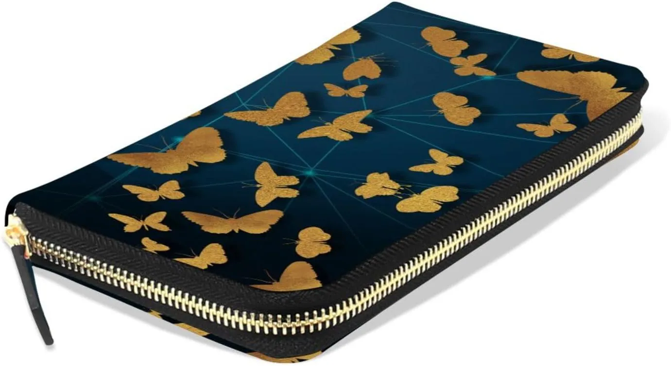 Seamless Golden Gold Butterflies on Abstract Blue Background Leather Long Wallet Organizer with Zipper Purse Clutch Bag for Women Men Key Card Coin Passport Checkbook 8 x 4 inch