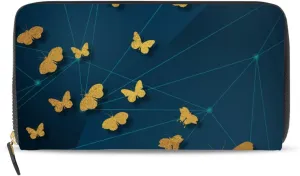 Seamless Golden Gold Butterflies on Abstract Blue Background Leather Long Wallet Organizer with Zipper Purse Clutch Bag for Women Men Key Card Coin Passport Checkbook 8 x 4 inch