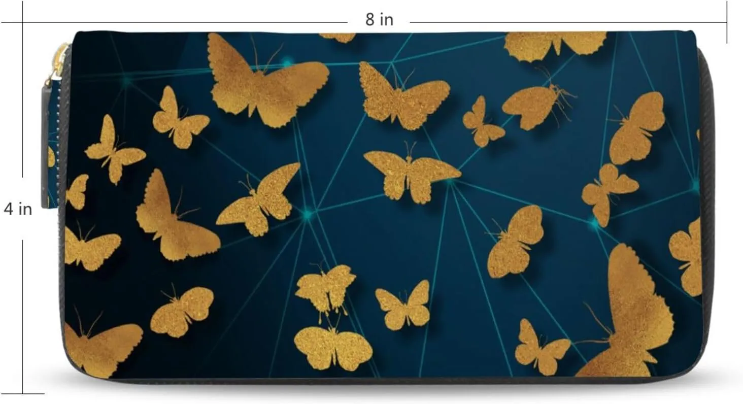 Seamless Golden Gold Butterflies on Abstract Blue Background Leather Long Wallet Organizer with Zipper Purse Clutch Bag for Women Men Key Card Coin Passport Checkbook 8 x 4 inch