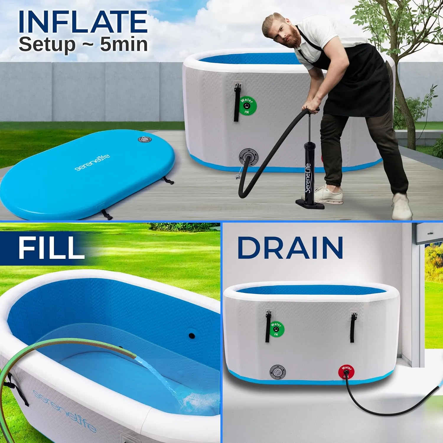 SereneLife Inflatable Cold Plunge Tub Ice Bath, One Person Ice Bath Tub with Lid, Drop Stitch PVC, Double Layer Seals, Heavy Duty Cold Plunge Therapy Recovery Pod for Athletes